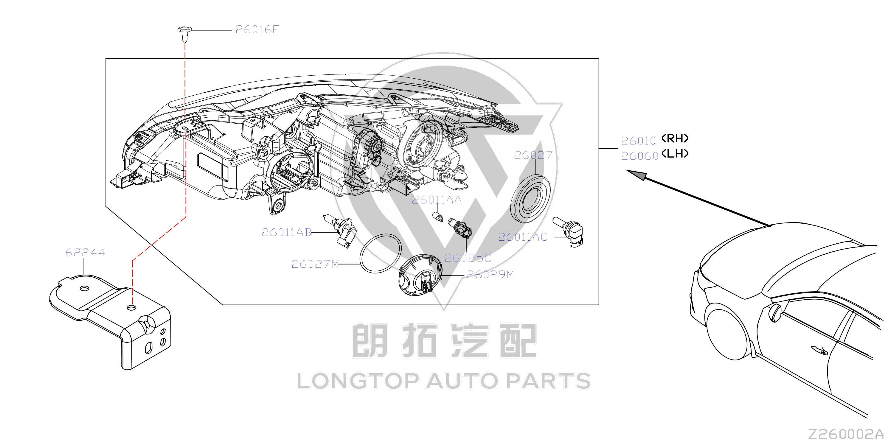 Headlight Mounting Bracket (Lower Right) 62244-6CT0A 622446CT0A for Nissan