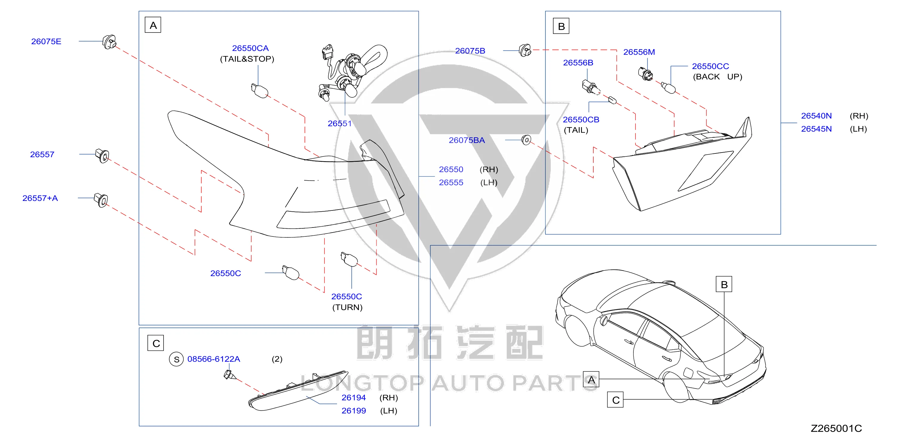 Outer Tail Lamp Assembly 26555-6JP0A 265556JP0A for Nissan