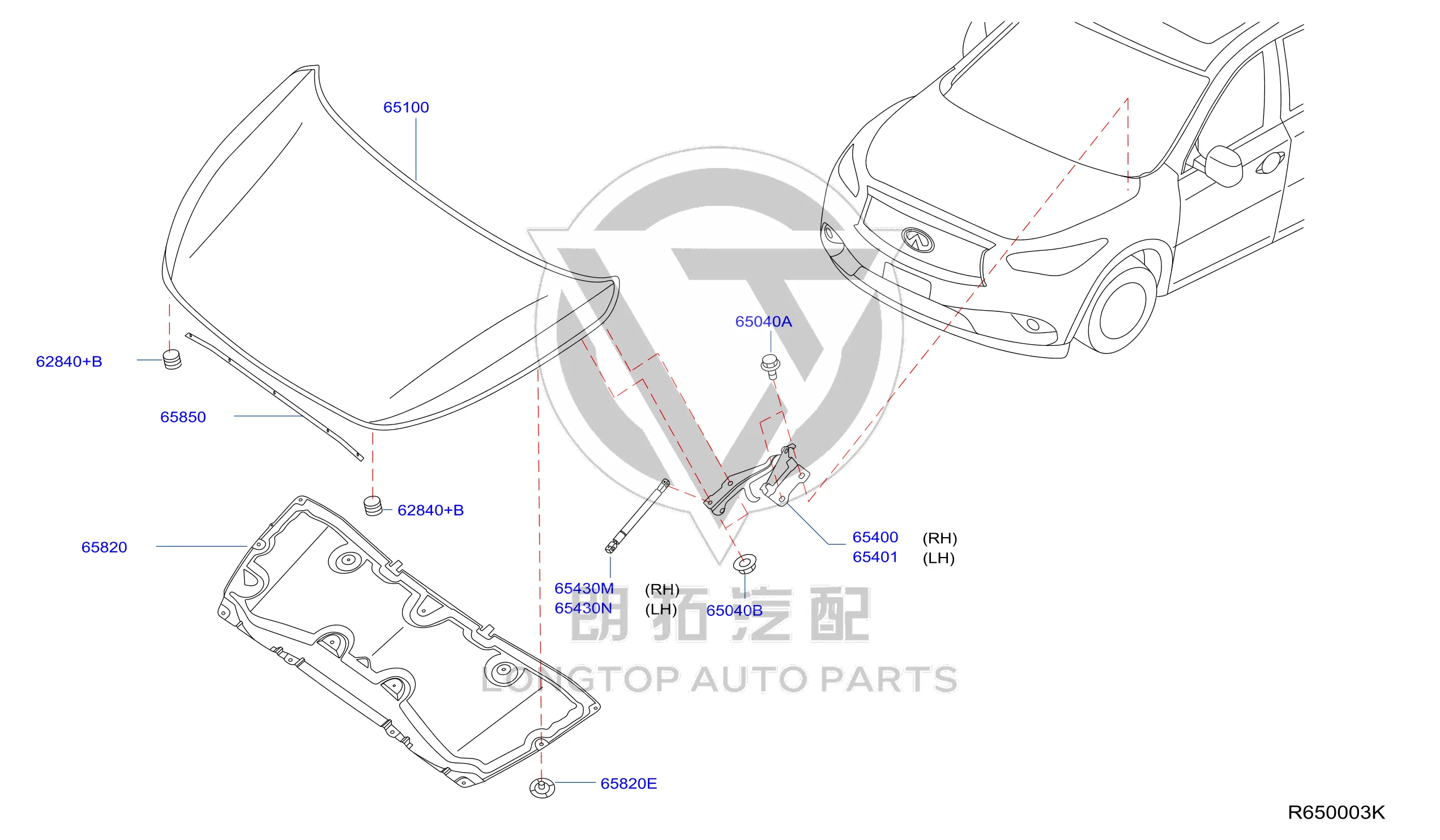 Front Engine Hood Hinge (Right) 65400-3JA0A 654003JA0A for Infiniti