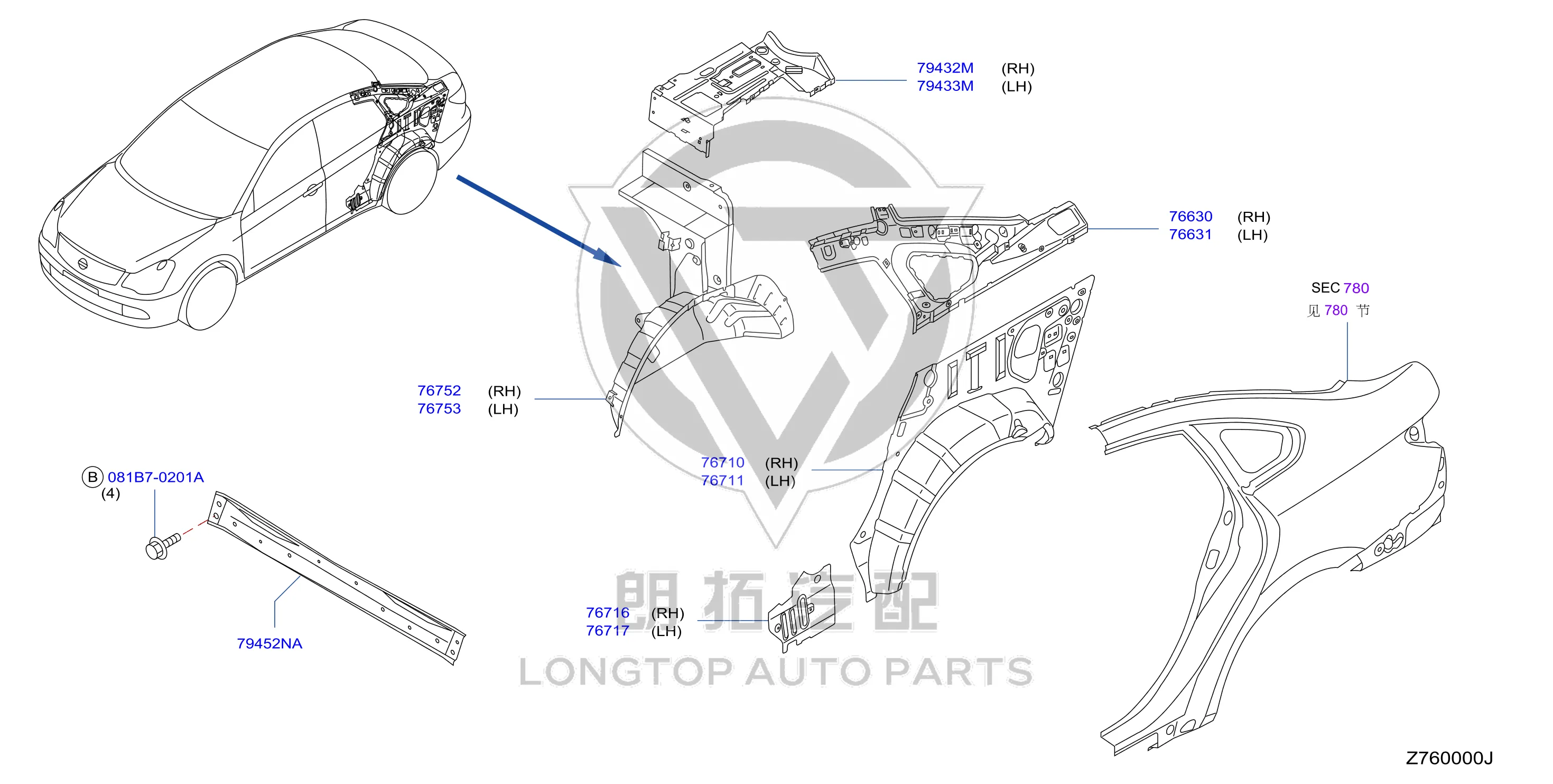 Rear Wheel Arch Outer Panel 76713-EW830 76713EW830 for Nissan